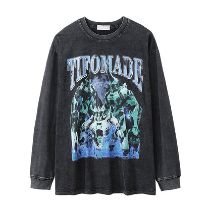 Men Long Sleeve T Shirt Science Fiction Robot Printing Loose Distressed