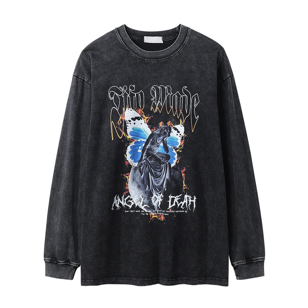 Men Long Sleeve T Shirt Angel Print Loose Distressed