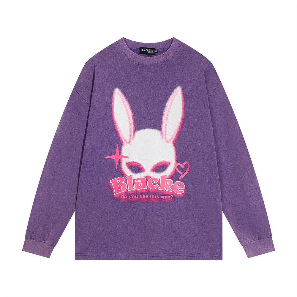 Men Long Sleeve T Shirt Rabbit Ear Print Washed and Worn