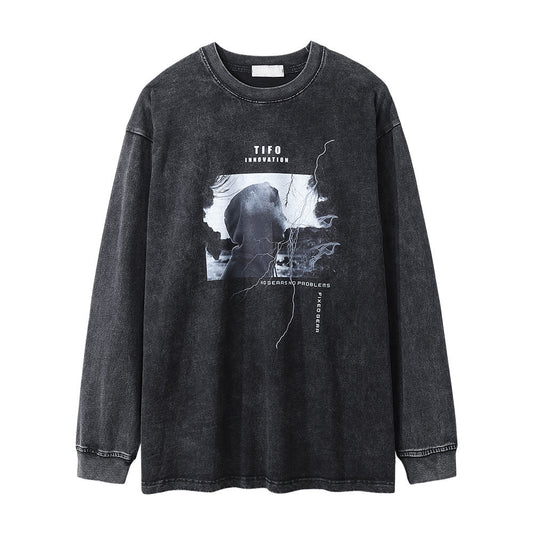 Men Long Sleeve T Shirt Dark Character Print Distressed Loose