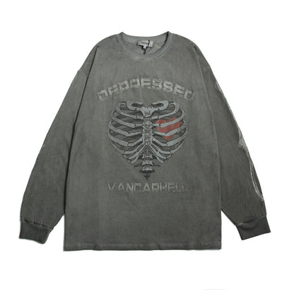 Men Long Sleeve T Shirt Skeleton Pattern Distressed Loose