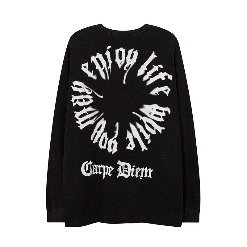 Men Long Sleeve T Shirt Letter Print Loose Worn out