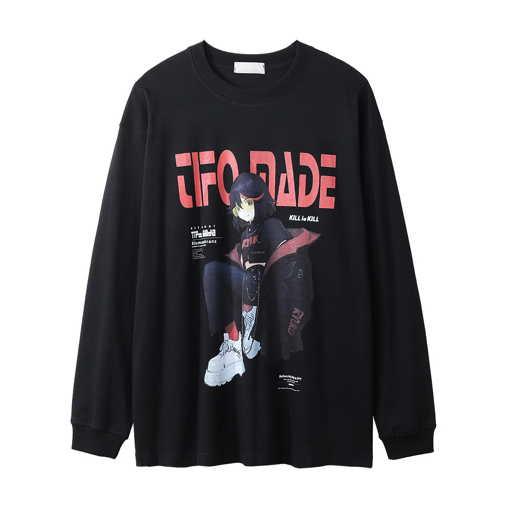 Men Long Sleeve T Shirt Two-Dimensional Animation Printed Loose round Neck