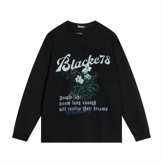 Men Long Sleeve T Shirt Flowers Printed Bottoming Shirt Loose