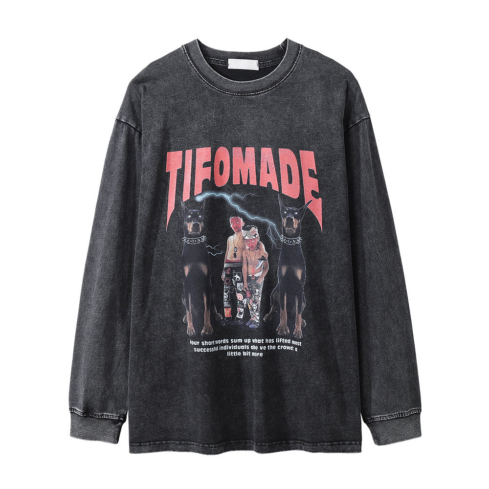 Men Long Sleeve T Shirt Doberman Pinscher Printed Loose Distressed