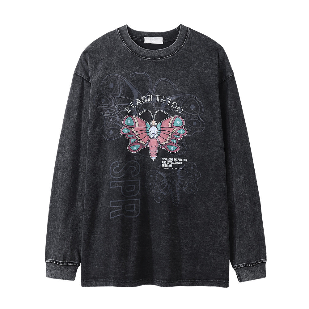 Men Long Sleeve T Shirt Moth Print Distressed Loose