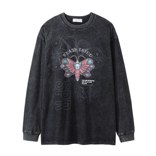 Men Long Sleeve T Shirt Moth Print Distressed Loose