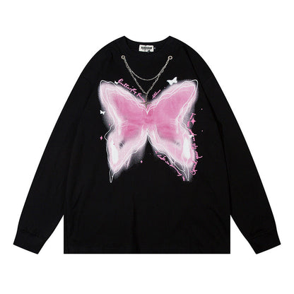 Men Long Sleeve T Shirt Butterfly Printed Cotton Leisure Chain Decoration