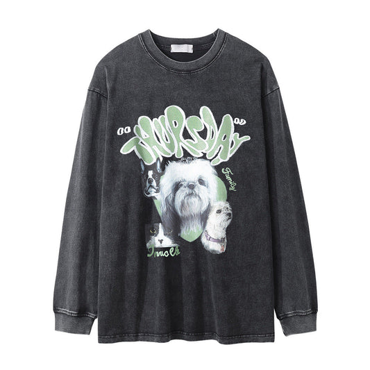 Men Long Sleeve T Shirt Dog Print Loose round Distressed