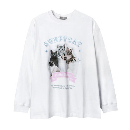 Men Long Sleeve T Shirt Fun Cat Printing Loose Casual