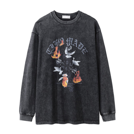 Men Long Sleeve T Shirt Peace Dove Flame Print Distressed