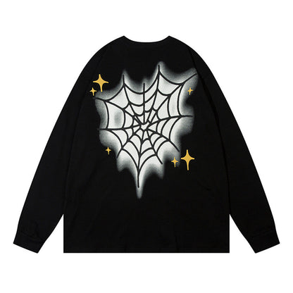 Men Long Sleeve T Shirt Spider Web Printed Cotton Casual Bottoming Shirt