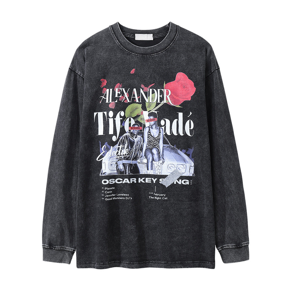 Men Long Sleeve T Shirt Hip Hop Rose Character Print Loose Distressed