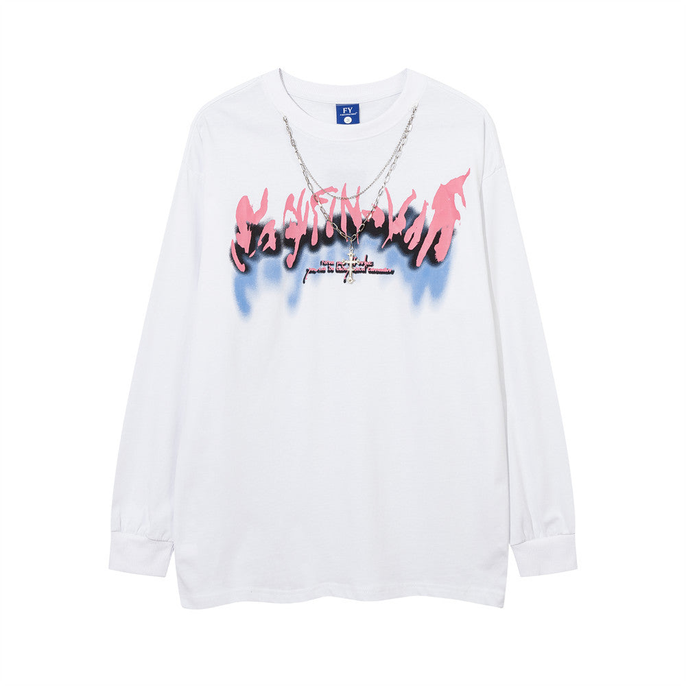 Men Long Sleeve T Shirt Graffiti Personalized Printed Necklace Decoration