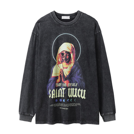 Men Long Sleeve T Shirt Depressed Skull Nun Printed Washed Old