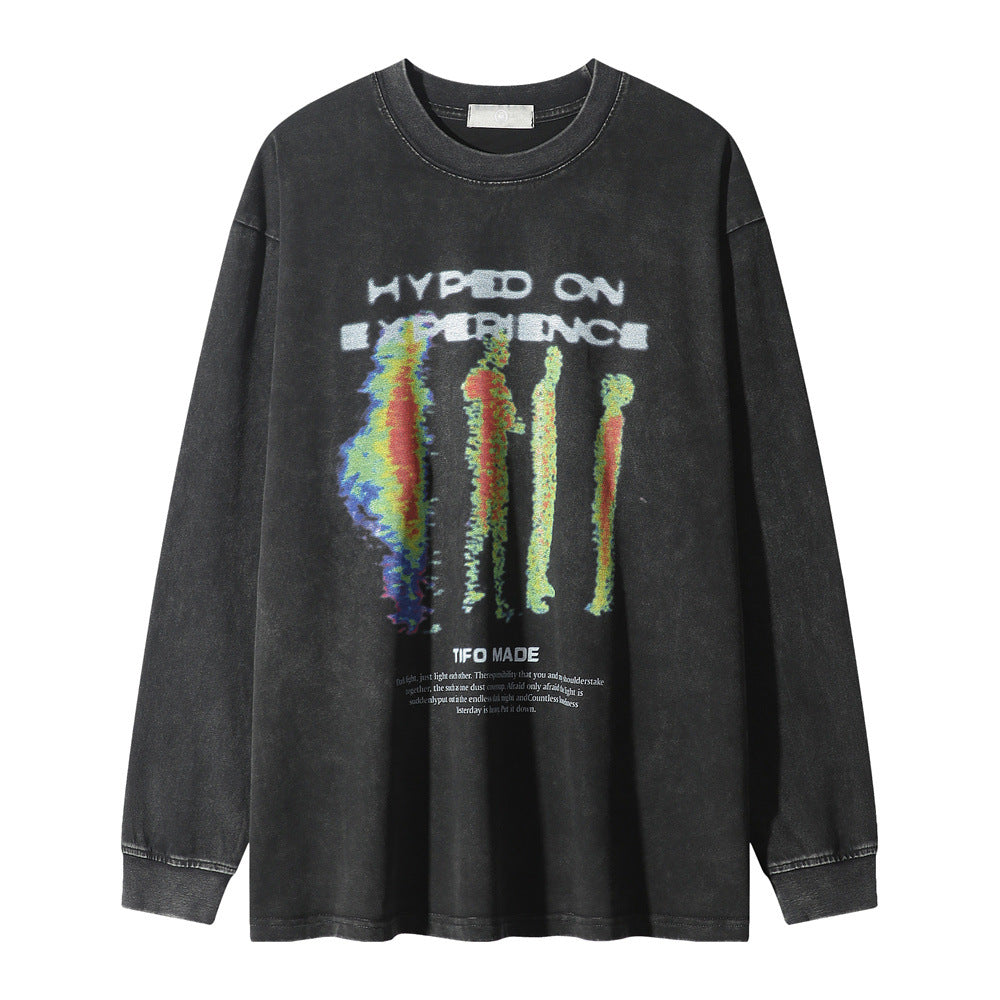 Men Long Sleeve T Shirt Thermal Imaging Shadow Printing Distressed Loose