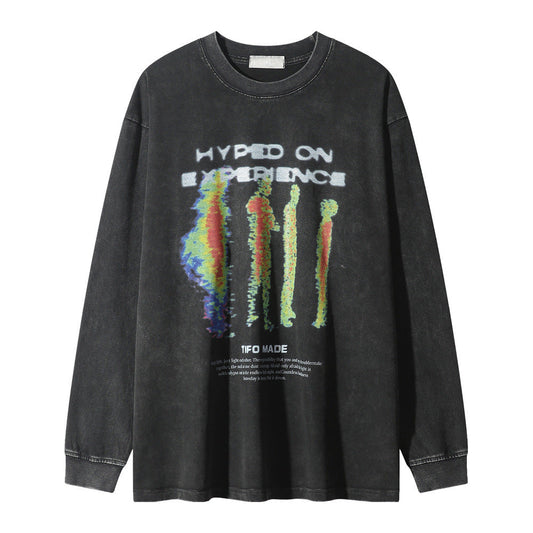 Men Long Sleeve T Shirt Thermal Imaging Shadow Printing Distressed Loose