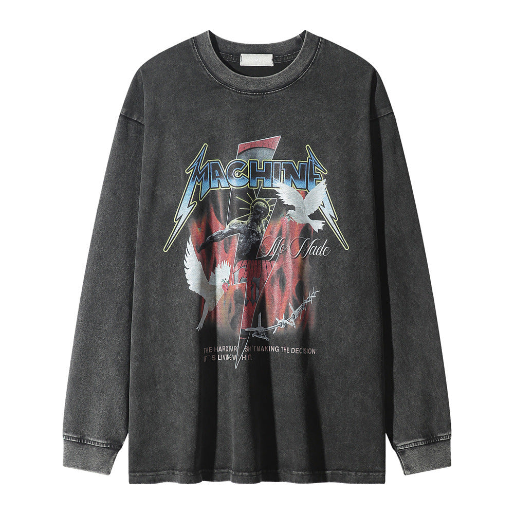 Men Long Sleeve T Shirt Demon Flame Pattern Distressed