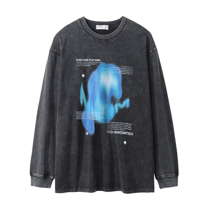 Men Long Sleeve T Shirt Abstract Pattern Printing Washed Old