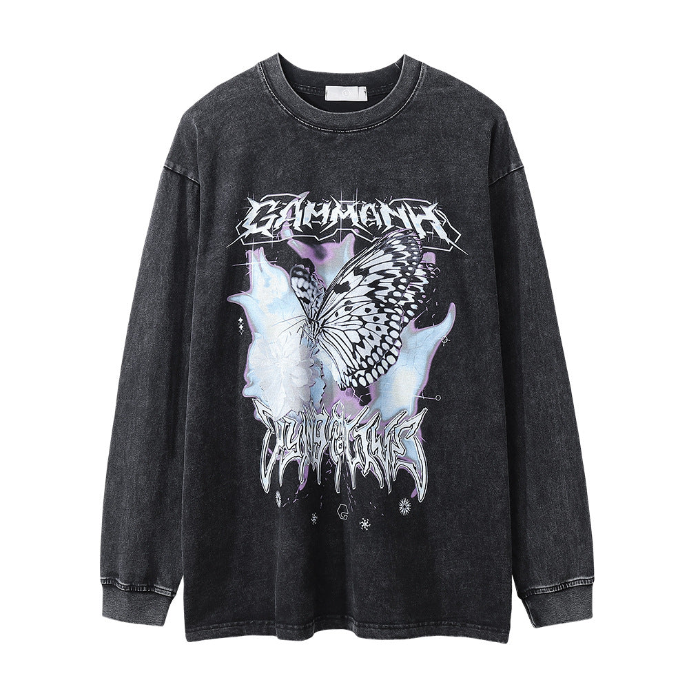 Men Long Sleeve T Shirt Butterfly Print Distressed Trendy Loose