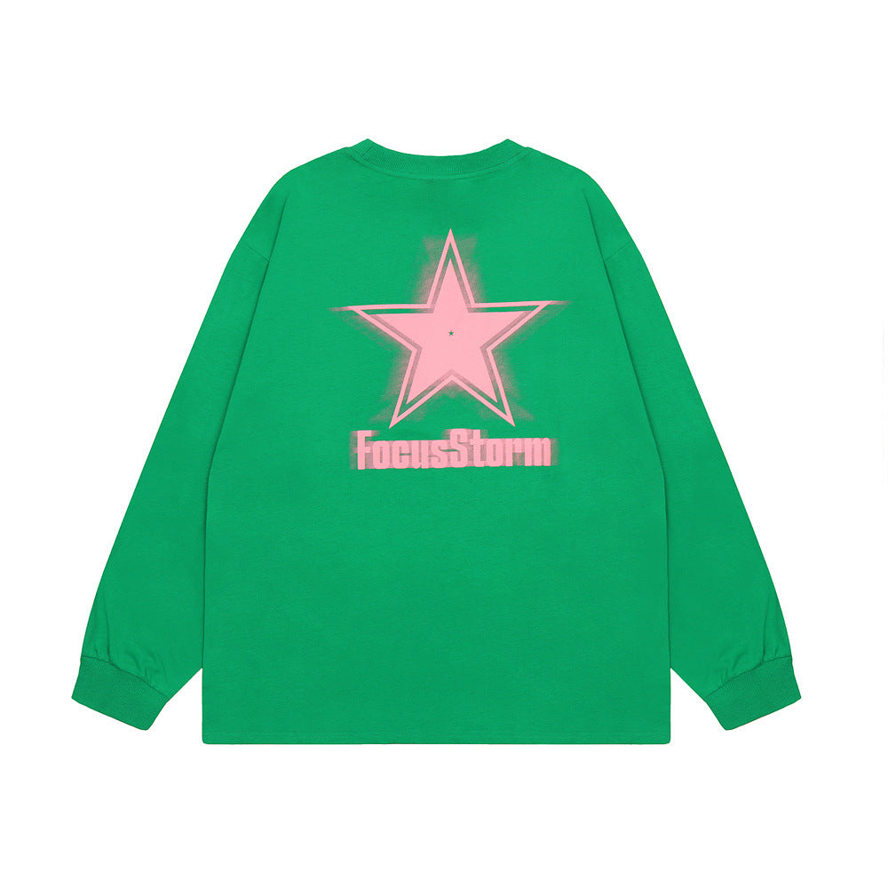 Men Long Sleeve T Shirt Five-Pointed Star Printed round Neck Base T-shirt Cotton Long Sleeve