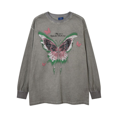 Men Long Sleeve T Shirt Butterfly Print Distressed and Dirty