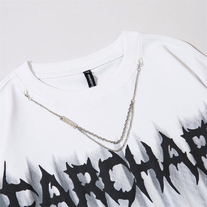 Men Long Sleeve T Shirt Cut Ripped Necklace Decoration Fake Two Pieces