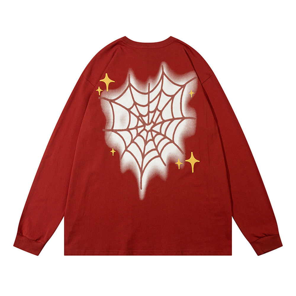 Men Long Sleeve T Shirt Spider Web Printed Cotton Casual Bottoming Shirt