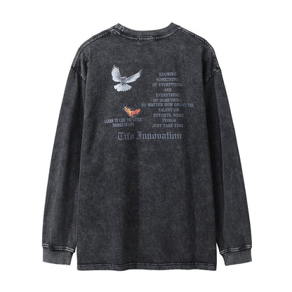 Men Long Sleeve T Shirt Peace Dove Flame Print Distressed