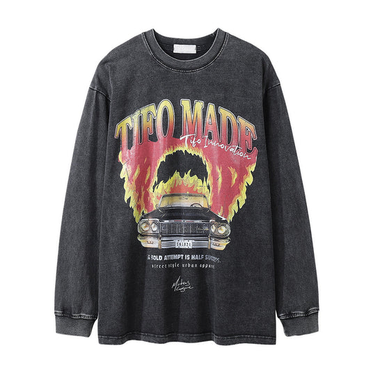 Men Long Sleeve T Shirt Flame Car Printing Loose Distressed