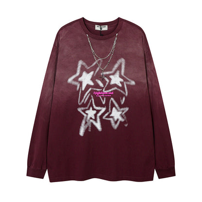 Men Long Sleeve T Shirt Five-Pointed Star Printing Stylish Chain Decoration