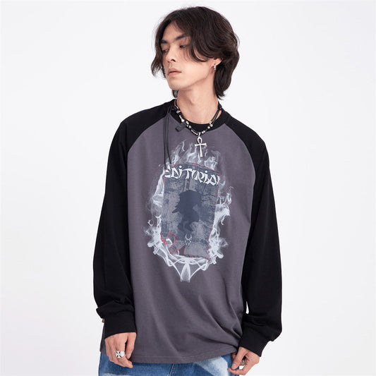 Men Long Sleeve T Shirt Flame Pattern Stitching