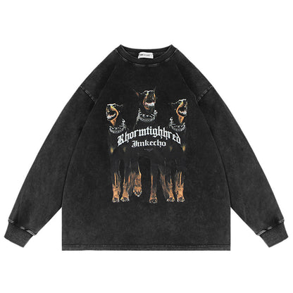 Men Long Sleeve T Shirt Doberman Pinscher Printed Washed Old Loose