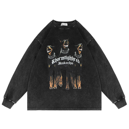 Men Long Sleeve T Shirt Doberman Pinscher Printed Washed Old Loose