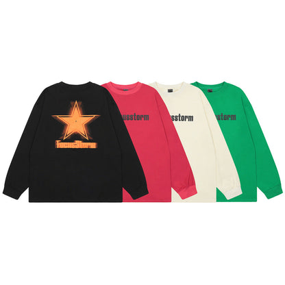 Men Long Sleeve T Shirt Five-Pointed Star Printed round Neck Base T-shirt Cotton Long Sleeve