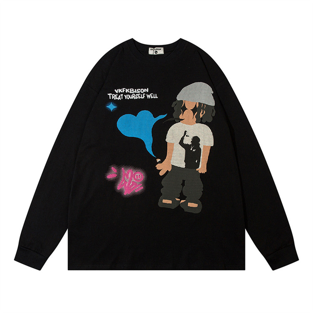 Men Long Sleeve T Shirt Cartoon Anime Print Cotton Loose Hip Hop