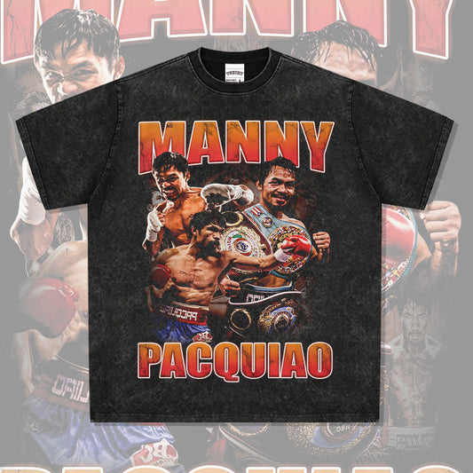 Men Vintage Boxer T-Shirts Manny Pacquiao Pac Men Printed Short Sleeve T-Shirt Washed Top