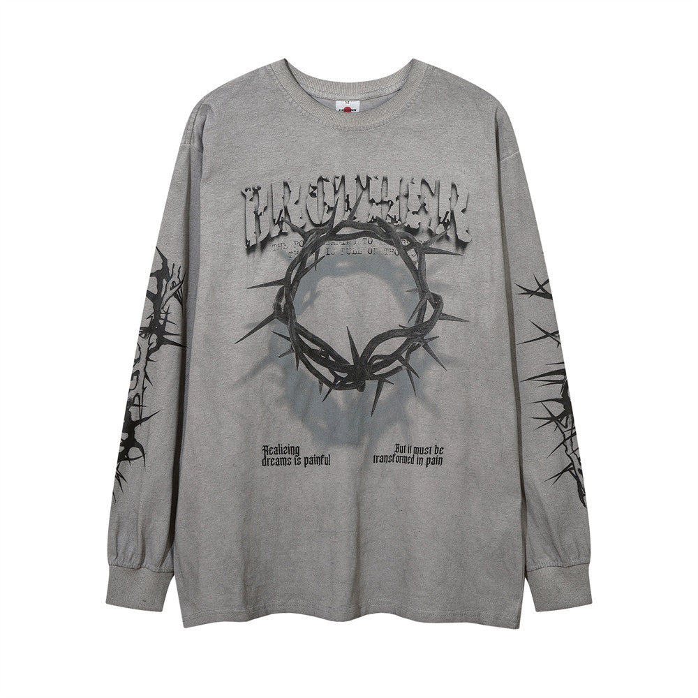 Men Long Sleeve T Shirt Dark Graffiti Washed and Worn