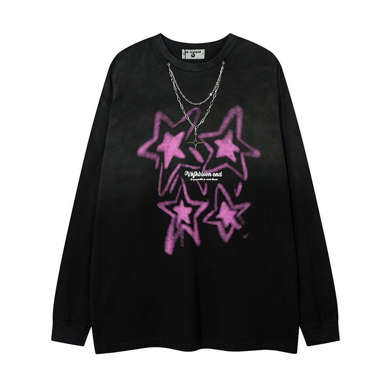 Men Long Sleeve T Shirt Five-Pointed Star Printing Stylish Chain Decoration