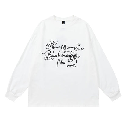 Men Long Sleeve T Shirt Graffiti Embroidery Loose Base Shirt