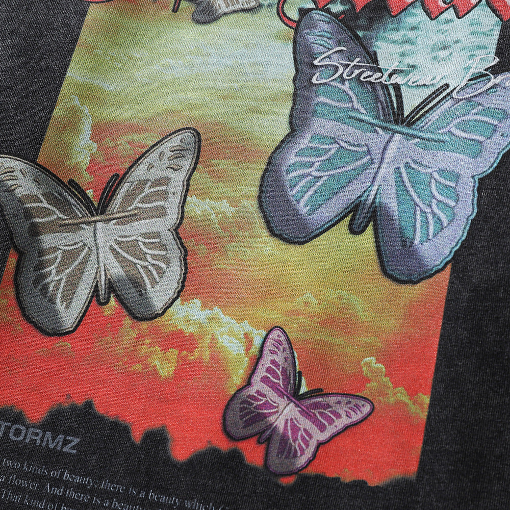 Men Long Sleeve T Shirt Sunset Butterfly Landscape Pattern Distressed