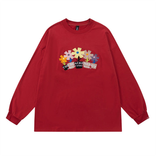 Men Long Sleeve T Shirt Flower Embroidered Bottoming Shirt