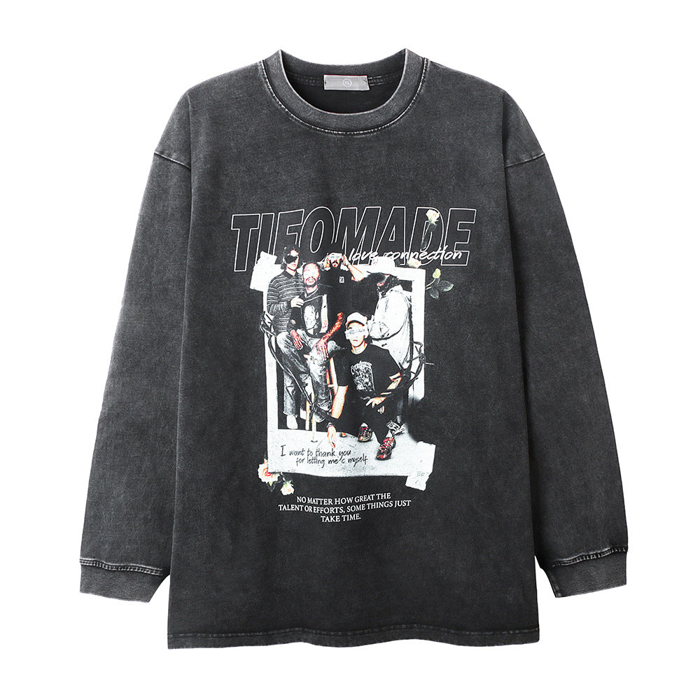 Men Long Sleeve T Shirt Character Print Distressed Men's Loose Undershirt Top