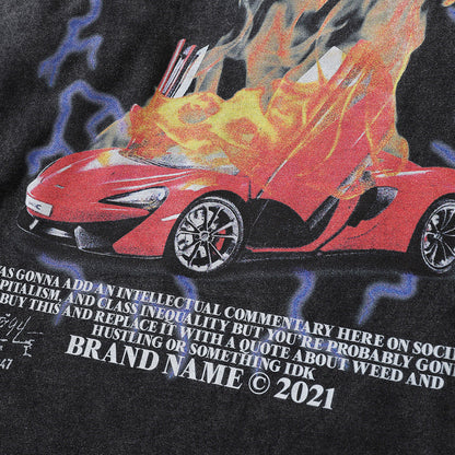 Men Long Sleeve T Shirt Flame Car Printing Distressed Loose