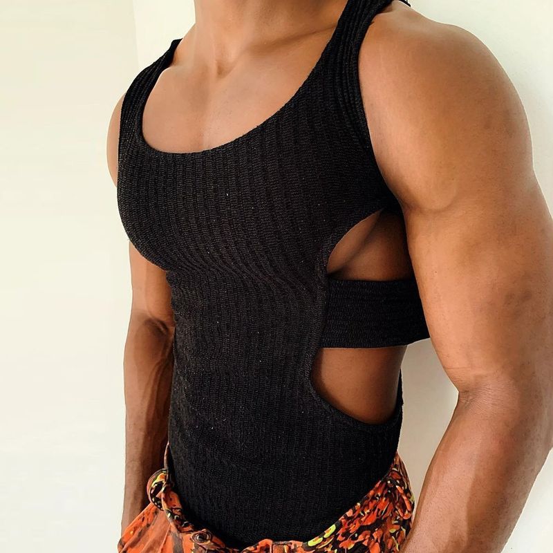 Rave Outfits Mens Vest Knitted Leaky Edge Fitted Waist Vest