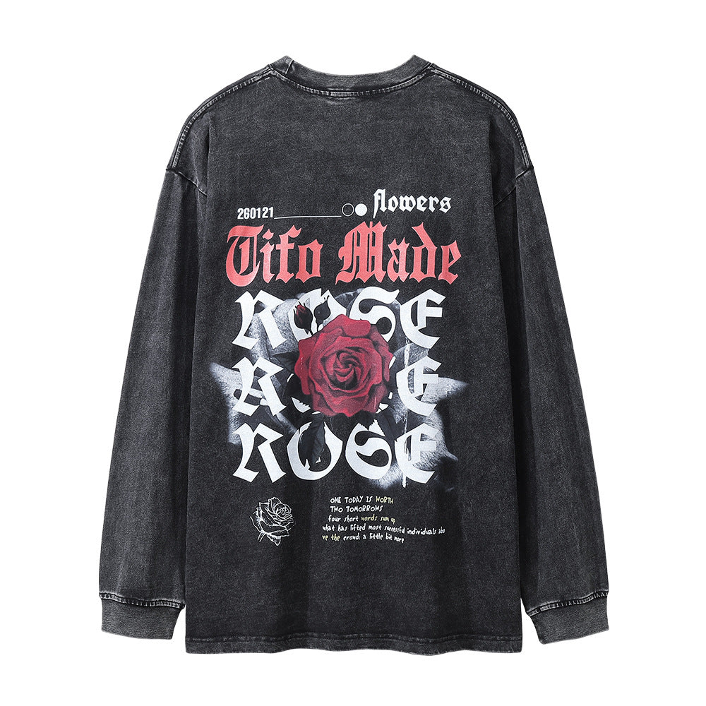 Men Long Sleeve T Shirt Rose Pattern Loose Distressed Niche