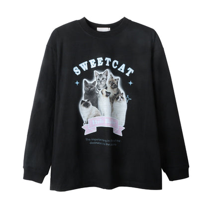 Men Long Sleeve T Shirt Fun Cat Printing Loose Casual