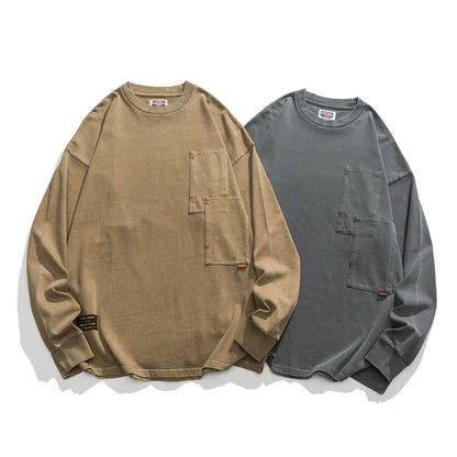 Men Long Sleeve T Shirt Heavy Distressed Double Bag Decoration