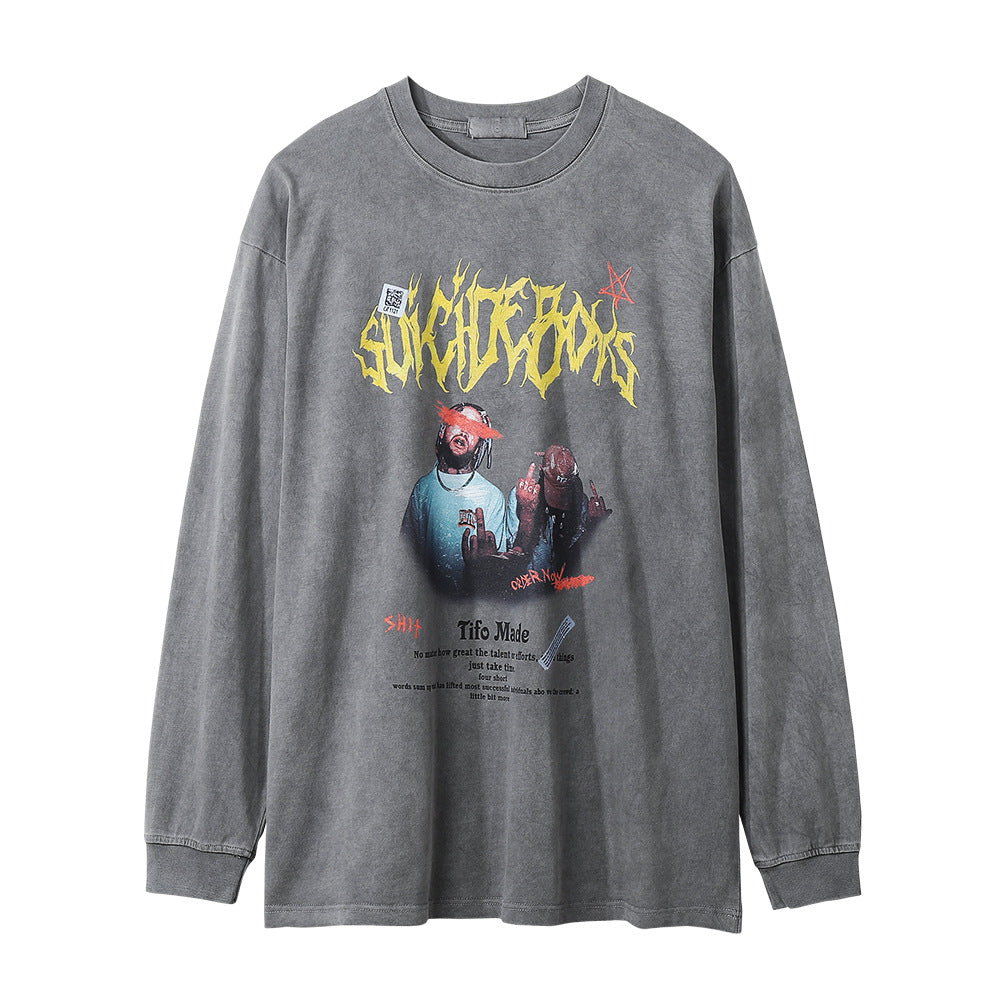 Men Long Sleeve T Shirt Rock Rap Character Print Washed and Worn