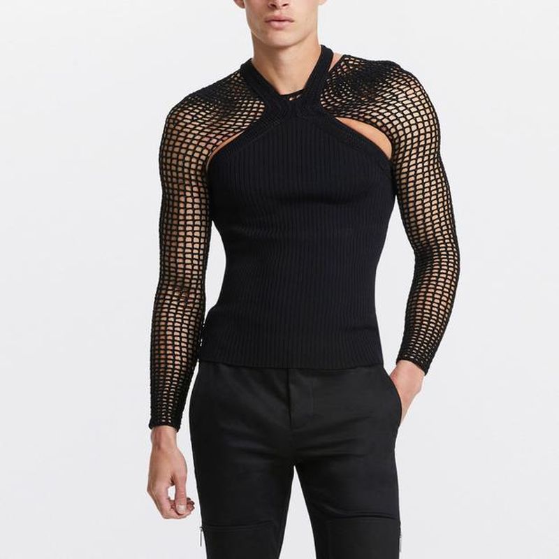 Rave Outfits Mens Vest Hollow Sexy Grid T-shirt